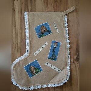 Handmade Tan Christmas Stocking with Bee and Hive Patches